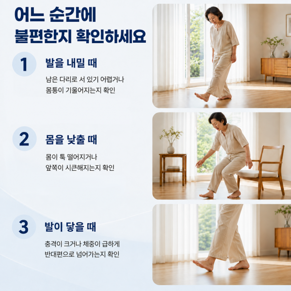 계단을 내려갈 때 발을 내밀 때와 몸을 낮출 때, 발이 닿을 때를 나누어 확인하는 방법 안내 이미지