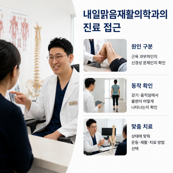 미아동 내일맑음재활의학과의 원인 구분과 동작 확인, 맞춤 치료 진료 접근을 보여주는 이미지
