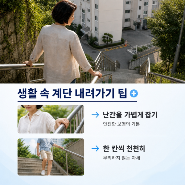 난간을 가볍게 잡고 한 칸씩 천천히 내려가는 생활 속 계단 이용 팁 이미지