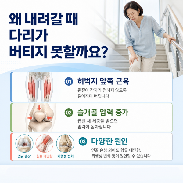 계단을 내려갈 때 허벅지 앞쪽 근육과 슬개골 압력 증가를 설명한 삼양동 재활의학과 이미지