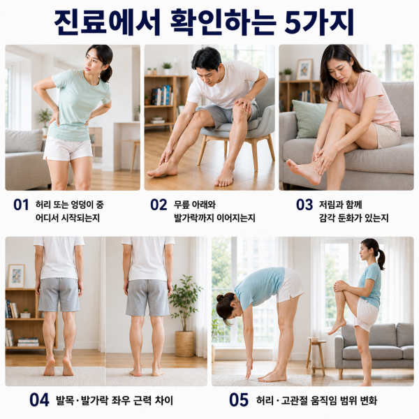 진료에서 확인하는 다섯 가지 항목을 정리한 미아동 재활의학과 안내 이미지