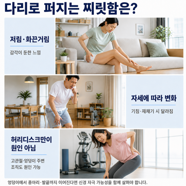 다리로 퍼지는 저림과 화끈거림의 특징을 설명한 미아동 내일맑음재활의학과 이미지
