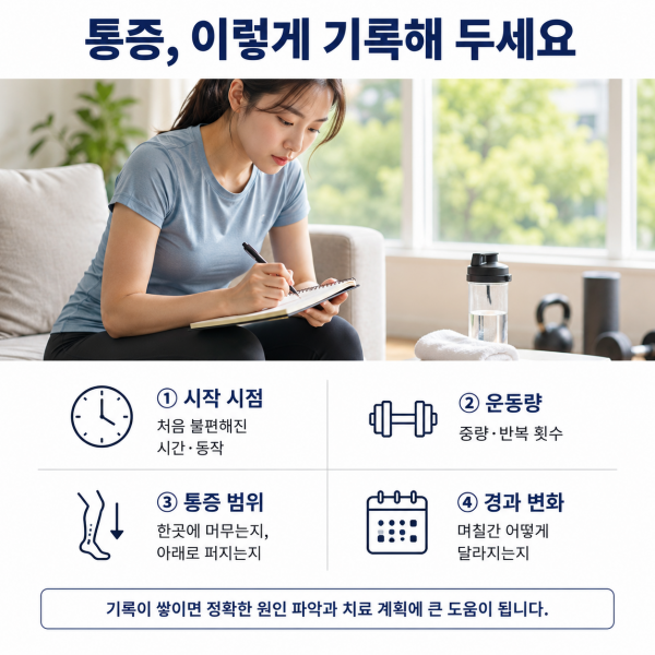 통증 시작 시점과 운동량, 범위와 경과를 기록하는 방법을 정리한 이미지